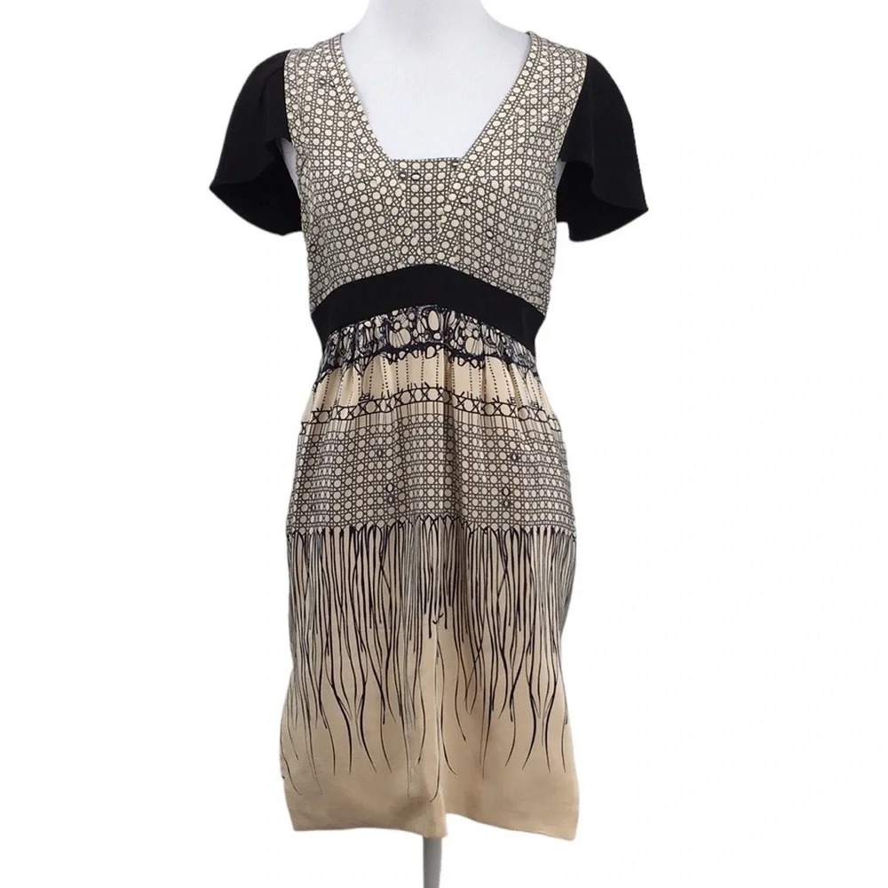 Vena Cava Sheath‎ Dress Womens 2 Cream Blue Patterned Silk Short Flutter Sleeve